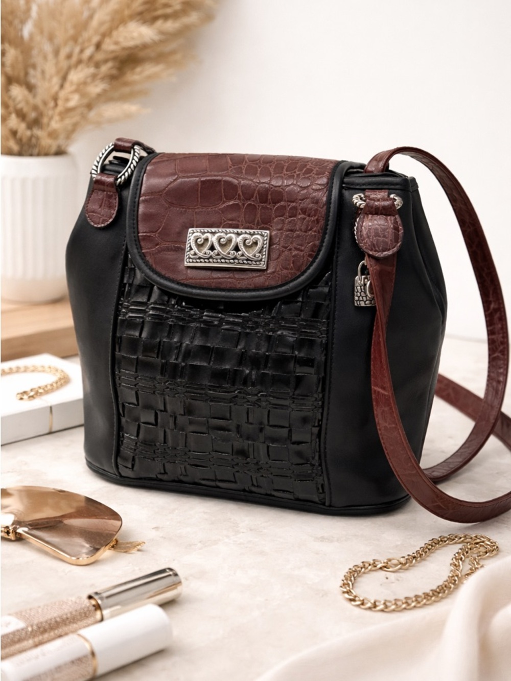 Woven Leather & Croc Embossed Crossbody Bag